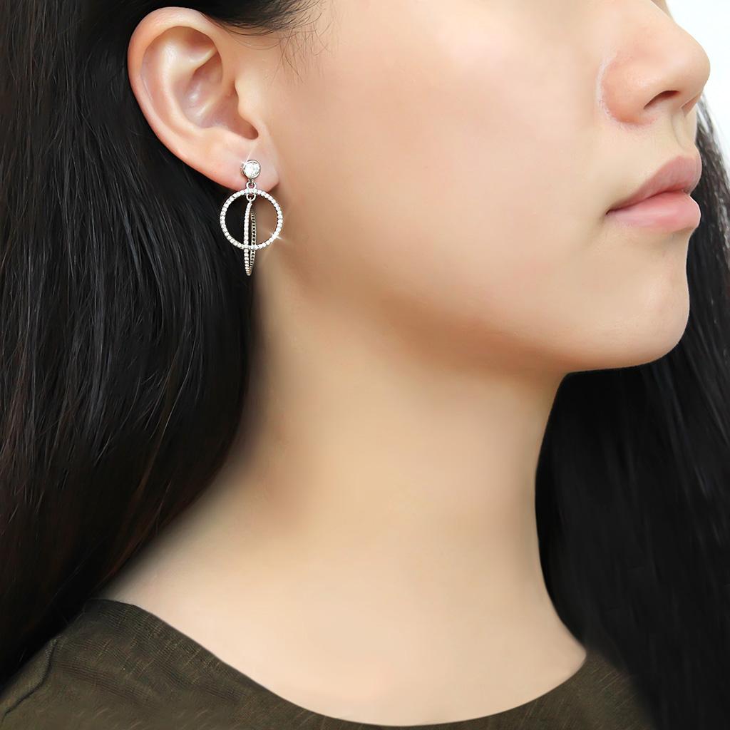 DA100 - High polished (no plating) Stainless Steel Earrings with AAA Grade CZ  in Clear-2